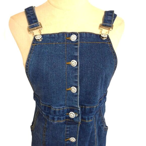 Denim Button-Front Pinafore Midi Jumper Dress - Picture 2 of 8